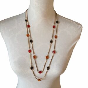 Gold Tone Multi-Strand Necklace with Red, Amber & Black Faceted Stations